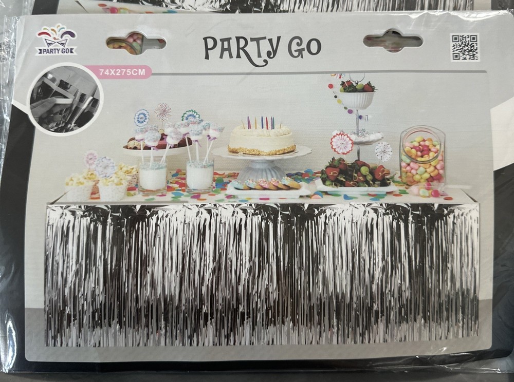 6 Silver Metallic Foil Fringe Table Skirt 74x275cm Party Birthday Wedding Decor