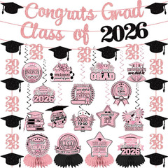 Pink Graduation Decorations 2026 Set Include Glitter Class of 2026 Banner Garlan