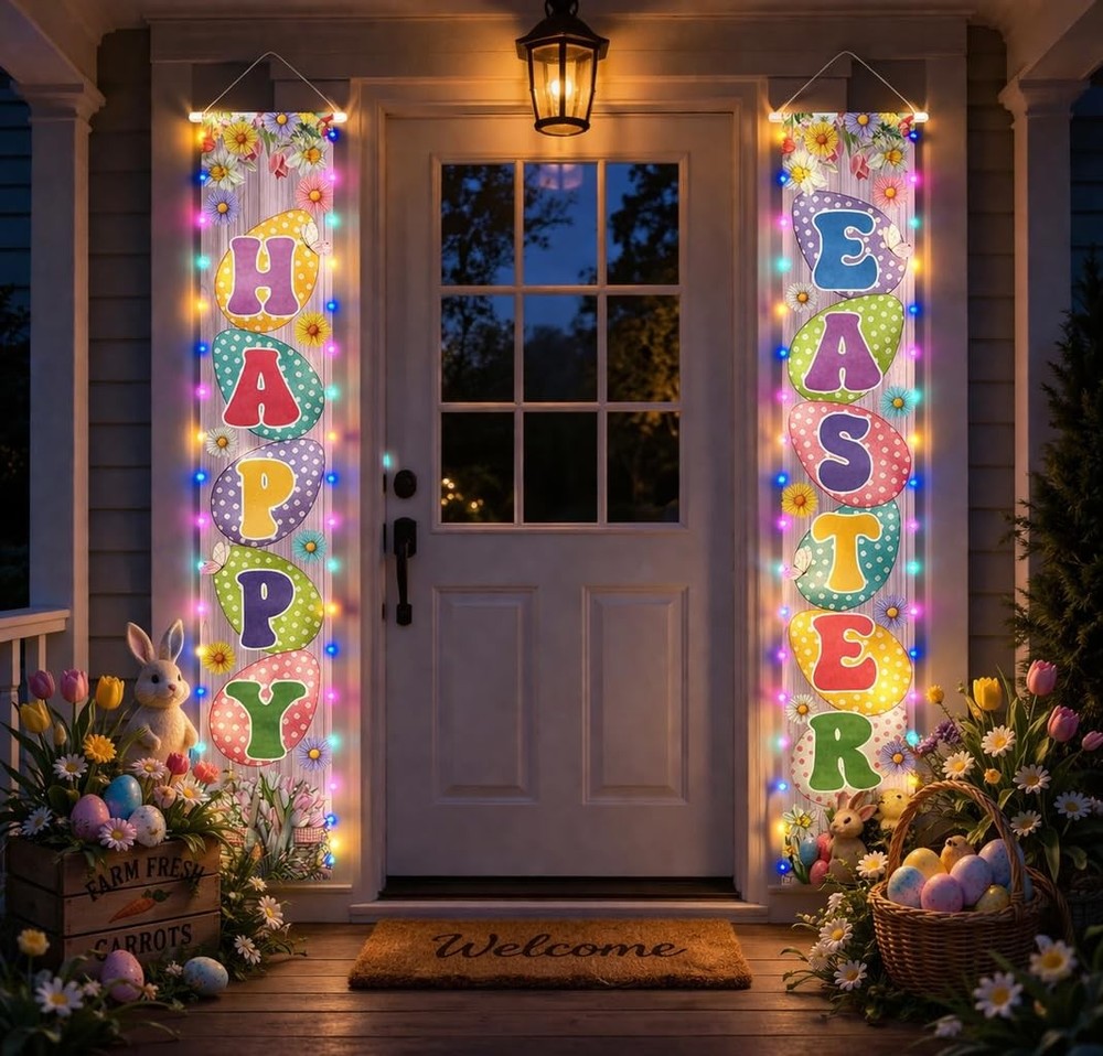 71 x 12 Inches Lighted Happy Easter Door Banner Decorations, Colorful Polka D…