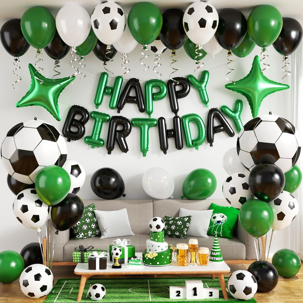 Soccer Birthday Party Decorations, Happy Birthday Banner with Green Black Whi…