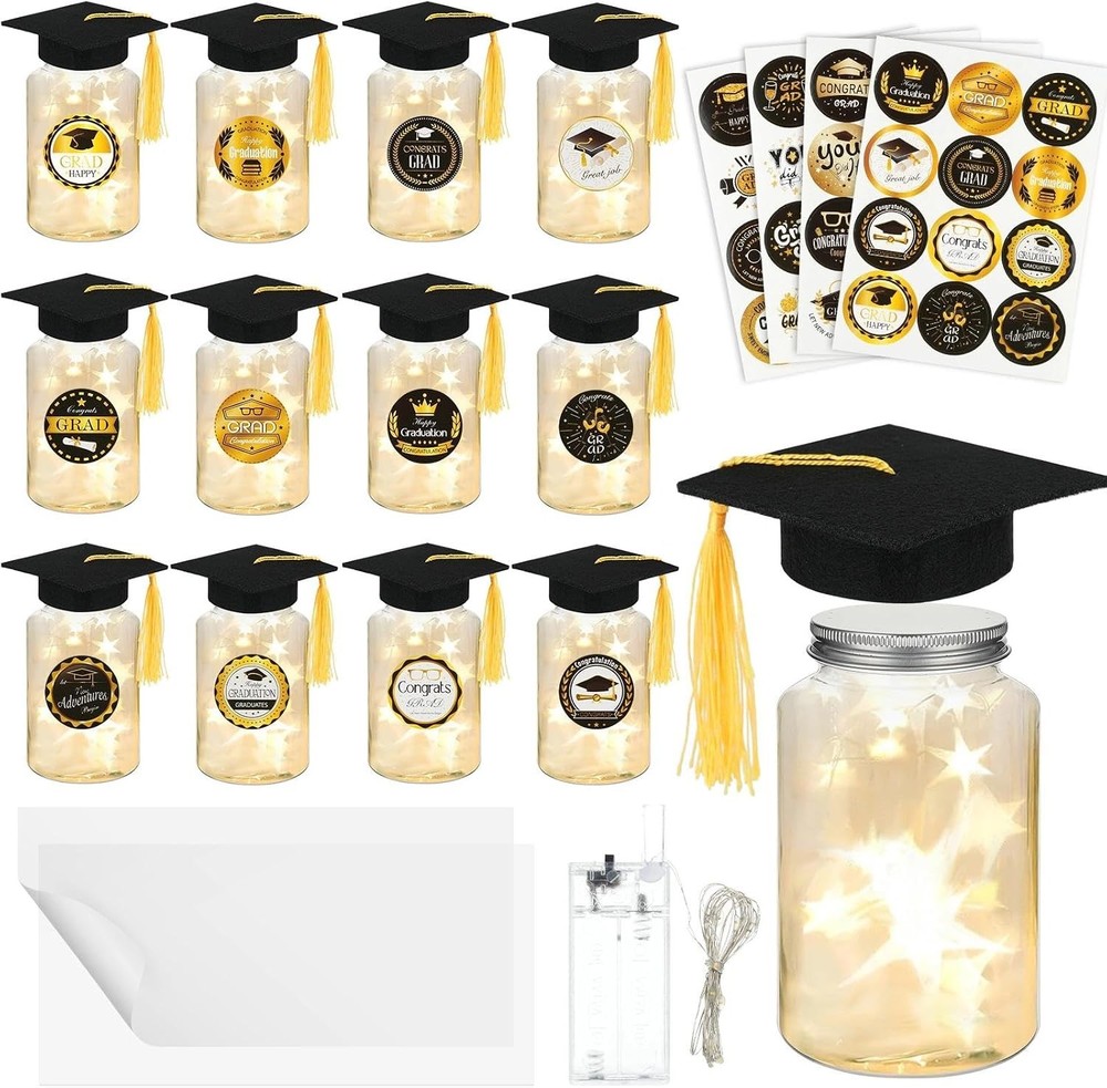 12 Pack Graduation Jar Centerpieces LED Lights Felt Grad Hats Stickers Black