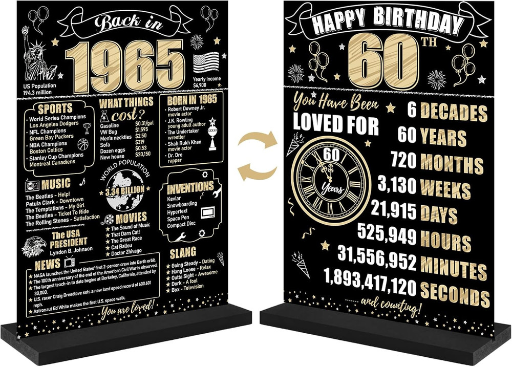 Black Gold 60Th Birthday Decorations Back in 1965 Table Sign for Men Women, Two-