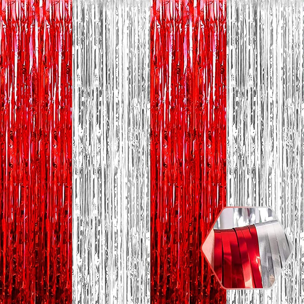 6 Pack -3M-Red Silver Foil Fringe Curtain Backdrop, 3.28Ft X 9.8Ft Metallic Tins