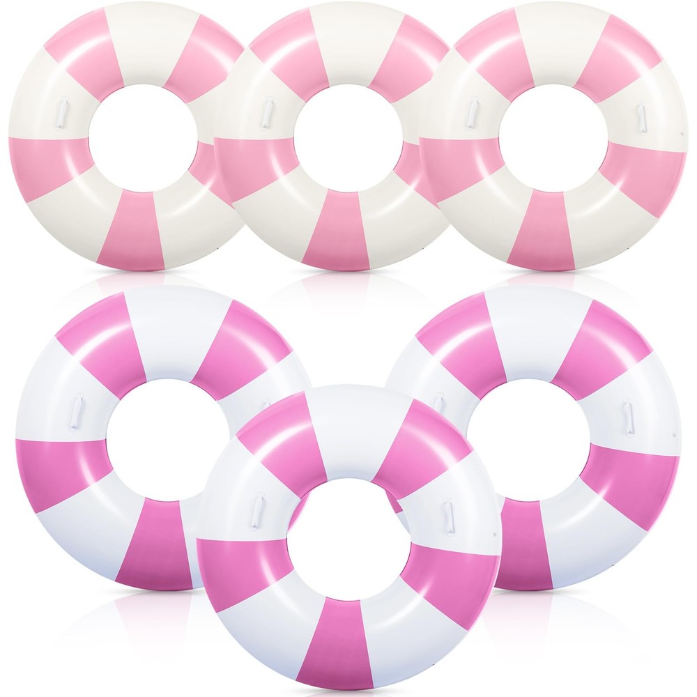 6 Pcs Pink White Striped Pool Floats for Adults Inflatable Large Swim Ring wi…