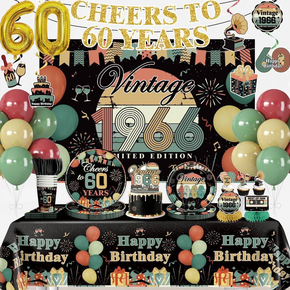 221Pcs 60Th Birthday Decorations for Men Women, All-In-One Vintage 1966 Party Su