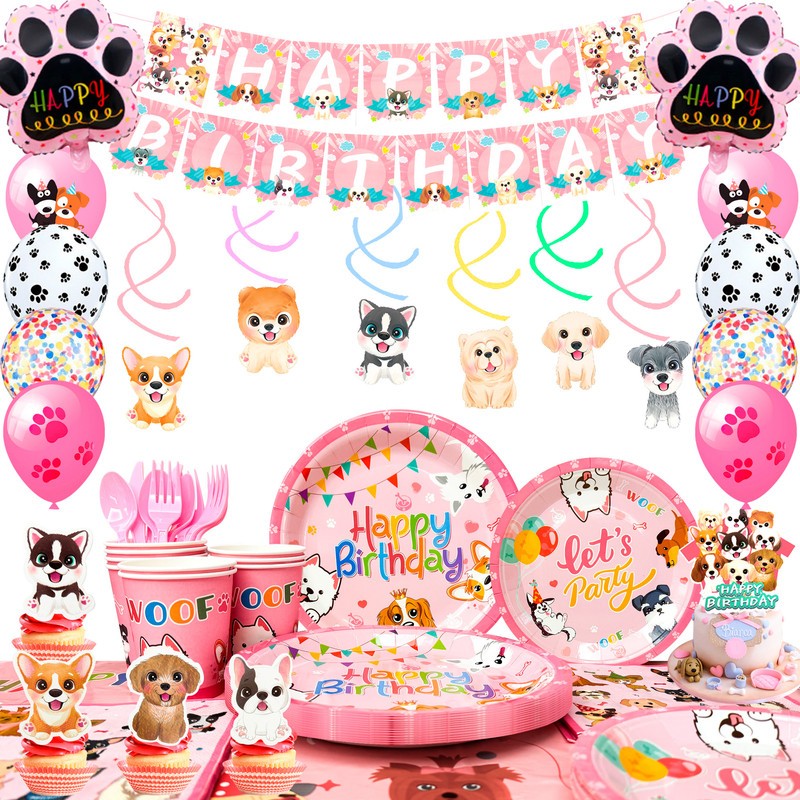 161 Pcs Puppy Party Decorations Pink Dog Tableware Set Balloons Banner Plate