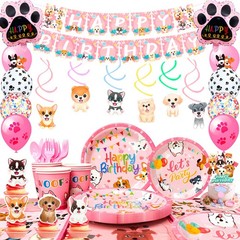 161 Pcs Puppy Party Decorations Pink Dog Tableware Set Balloons Banner Plate