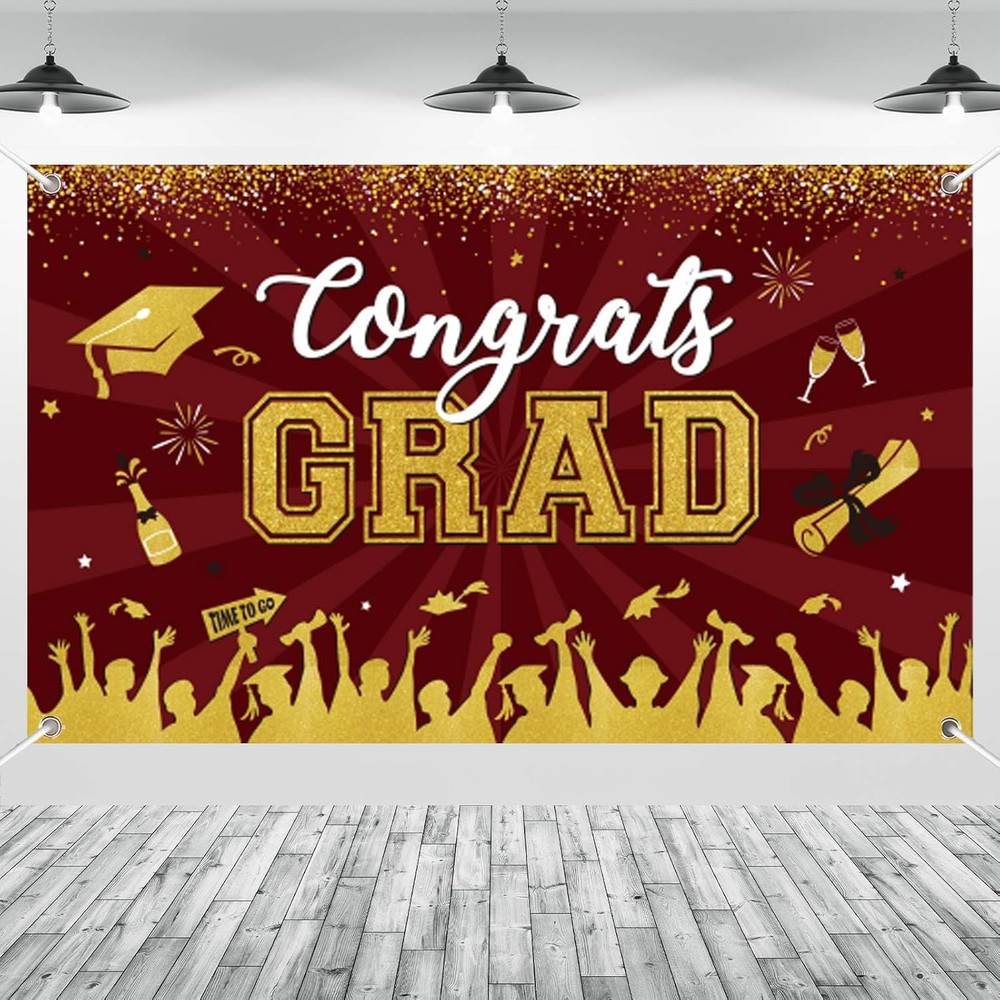 Maroon Gold Graduation Banner Backdrop Class of 2026 Graduation Party Decoration