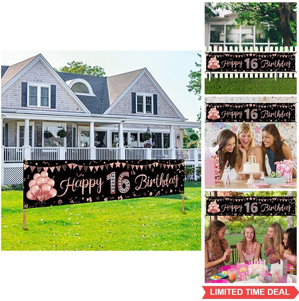 16th Birthday Banner Rose Gold 6×1.3 Ft Sweet Sixteen Party Decor Outdoor Girls