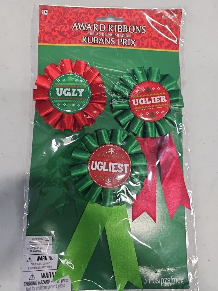 Ugly Uglier Ugliest Sweater 3 Count Award Ribbons Badges Christmas Party