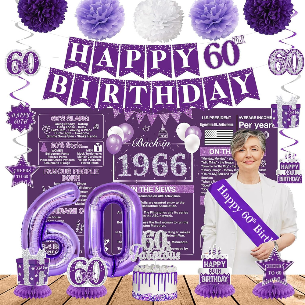 Purple 60Th Birthday Decorations for Women – Back in 1966 Backdrop, Banner, Swir