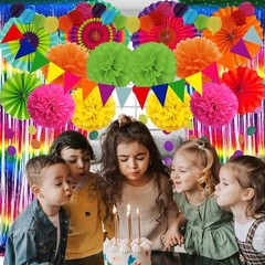 Fiesta Paper Fan Party Decorations Set, Multicolor Cinco De Mayo Pom Poms Pen…