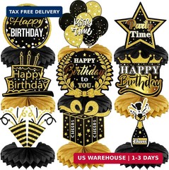 9 PCS Happy Birthday Party Table Decorations | Black and Gold Birthday Center Pi