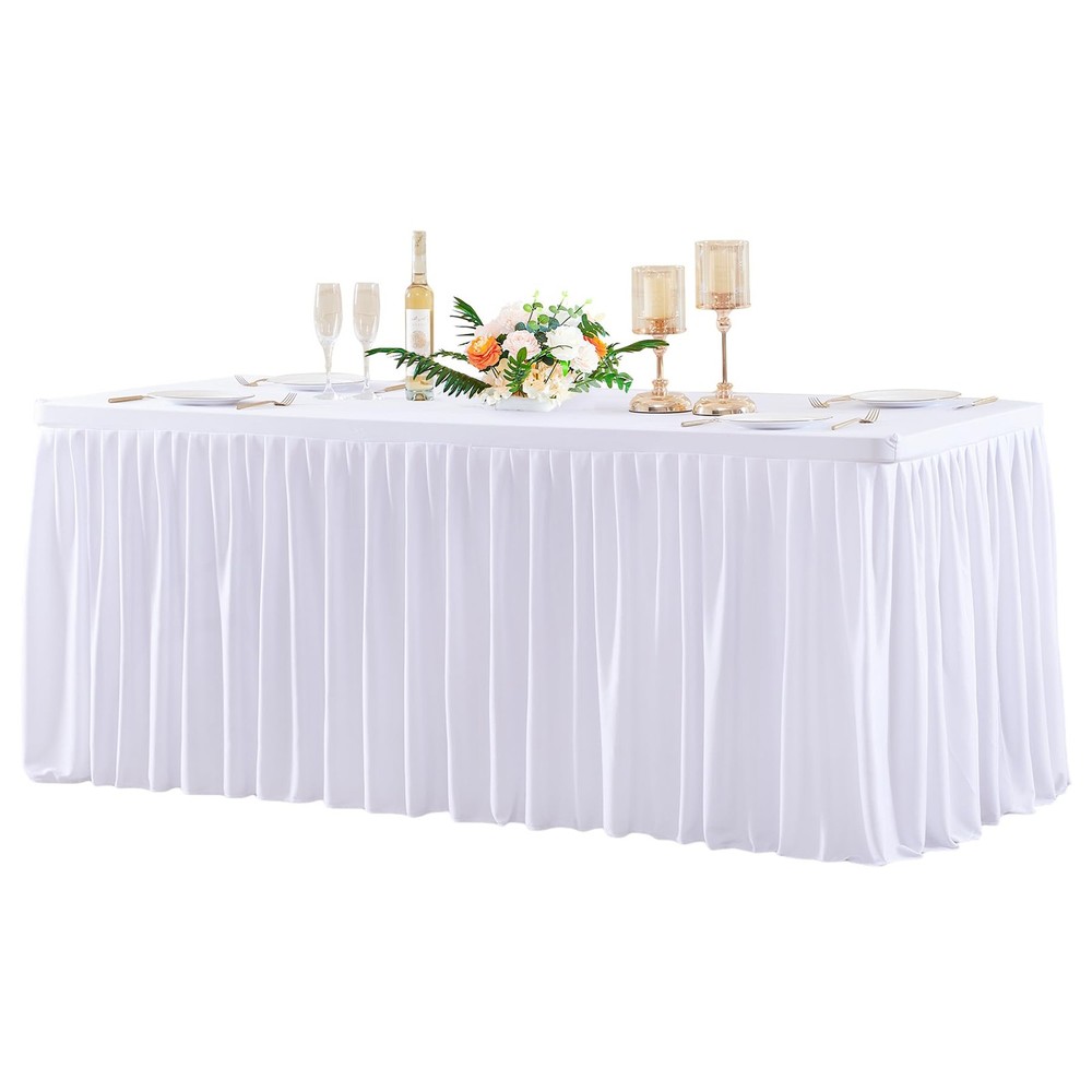 White Polyester Table Clothes for 8 Foot Rectangle Tables, Wrinkle Free Fitted T