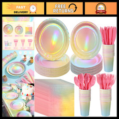 Iridescent Rainbow Party Supplies – 25 Holographic Plates, Cups & Napkins for Ev