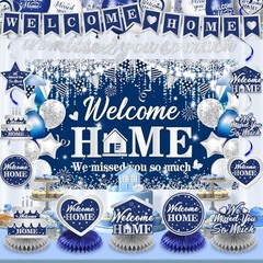 Welcome Home Decorations Set – Blue Silver Banner, Balloons, Honeycomb Centerpie