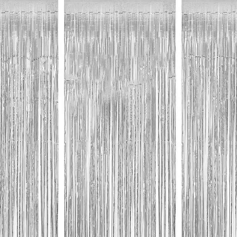 Silver Party Streamers 4 Pack Foil Fringe Curtain Backdrop 3.3×6.3 Feet Decor