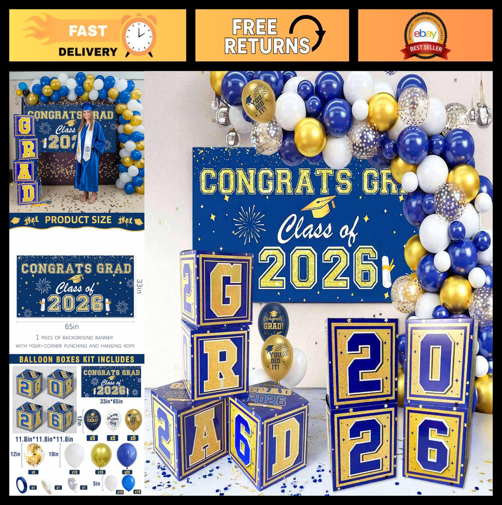 Navy Blue & Gold Graduation Decorations 2026 – Balloon Boxes, Garland Kit & Bann