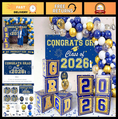Navy Blue & Gold Graduation Decorations 2026 – Balloon Boxes, Garland Kit & Bann