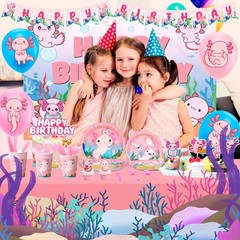 162 Pcs Cute Axolotl Party Decor Pink Axolotl Birthday Supplies Balloons Plates
