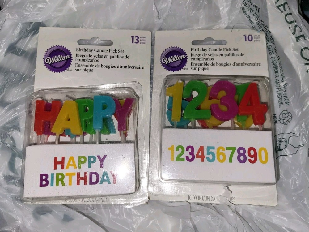 2 Wilton Candle Pick Sets, Happy Birthday, Numerals Rainbow 10 Count Each 3″