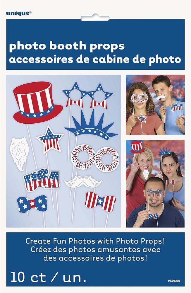 Patriotic Photo Booth Props 10 Ct USA 4th of July Party Decorations Sealed