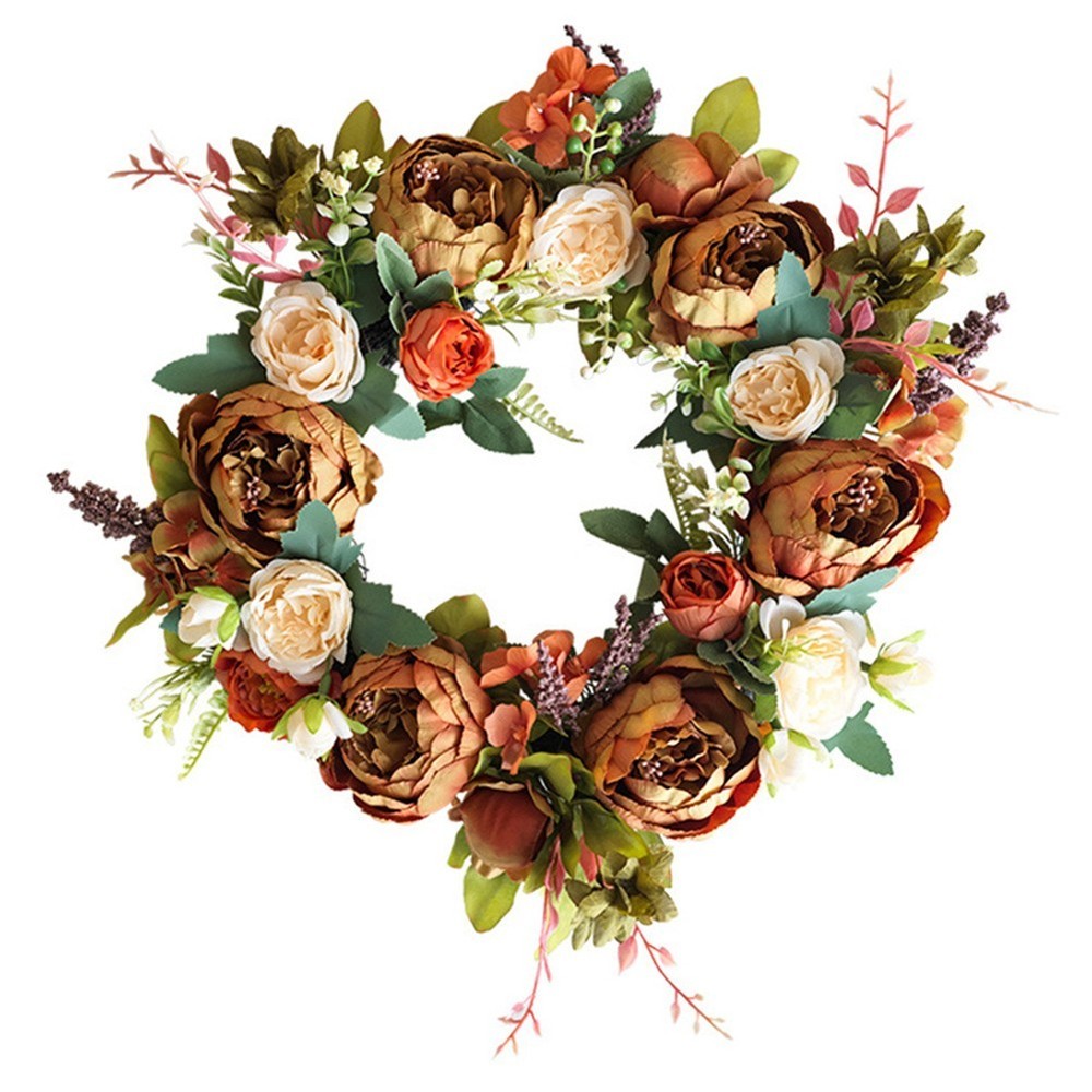Seasonal Front For Door Wreath with Orange Peonies Green Hydrangea and Berries