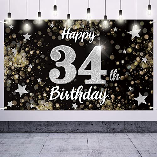 Happy 34th Birthday Decorations,34th Black & Silver Dream Star Large Birthday