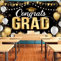 Black and Gold Congrats Grad Banner – XtraLarge, 72×44 Inch | Congrats Grad Back