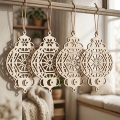 Decorative Wooden Hanging Ornaments Set of 4 for Indoor and Outdoor Spaces