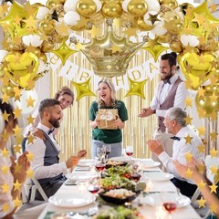 Gold Birthday Decorations Set – 92Pcs Set Gold Banner, Star Garland, Crown, S…