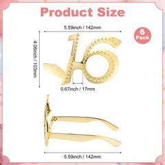 6-Pack Birthday Glasses with Rhinestones, 16th Photo Booth Props [Gold]