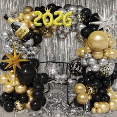 134Pcs Happy New Year Balloon Arch Garland Kit, Black Gold Silver Latex Ballo…