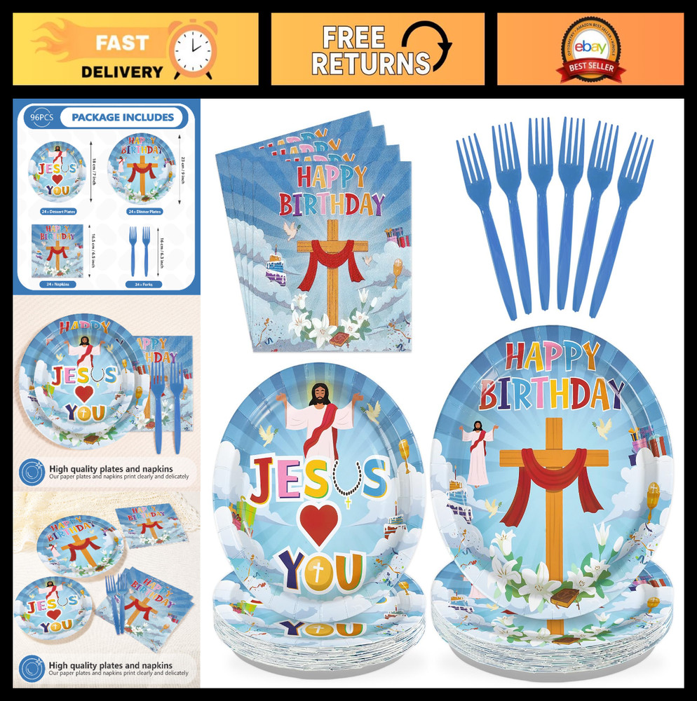 96 Pcs Jesus Birthday Party Decorations – Christian Cross Plates & Napkins Set f
