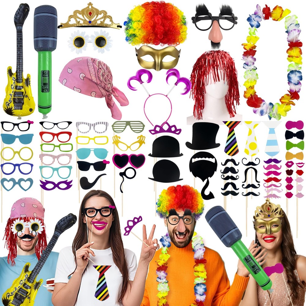 69PCS Colorful Photo Booth Props Set Novelty Funny Hats Wigs Glasses Props Sign