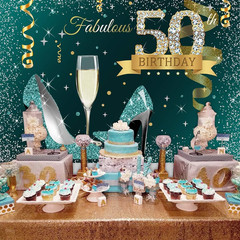 Teal Gold Happy 50Th Birthday Backdrop Glitter Silver Dots High Heels Champagne