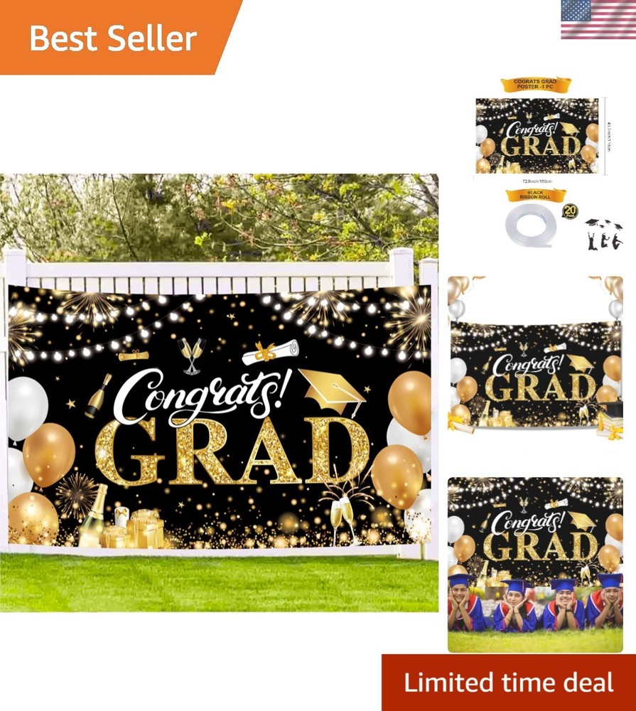 Eye-Catching Graduation Banner 2025 – Durable Black & Gold 72.8×43.3 Inch Design