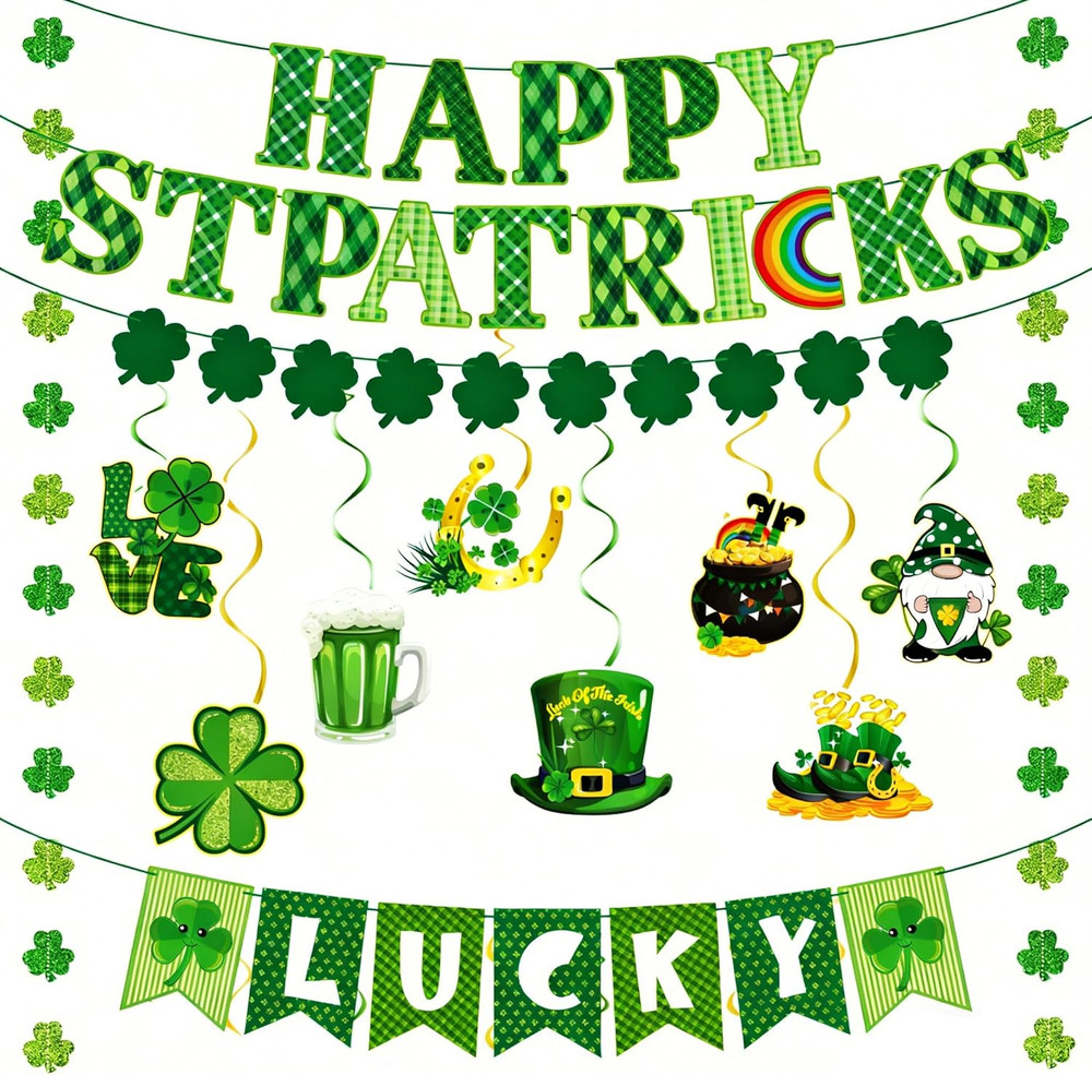 64Pcs St Patricks Day Decorations Kit Shamrock Lucky Banner Garlands Clover Hang