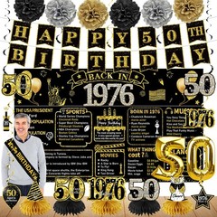 50th Birthday Party Decorations – 21pcs 1976 Banner, Black Gold Balloons, Backdr