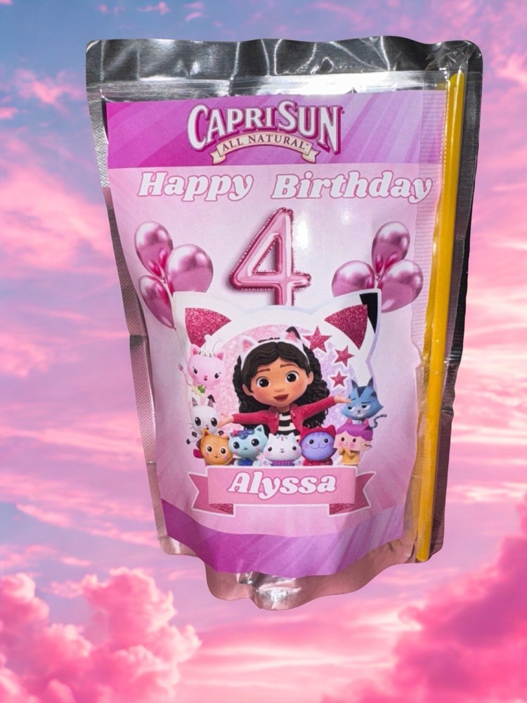 Gabby’s Dollhouse Pink Custom Personalized Juice Pouch Labels-set Of 12