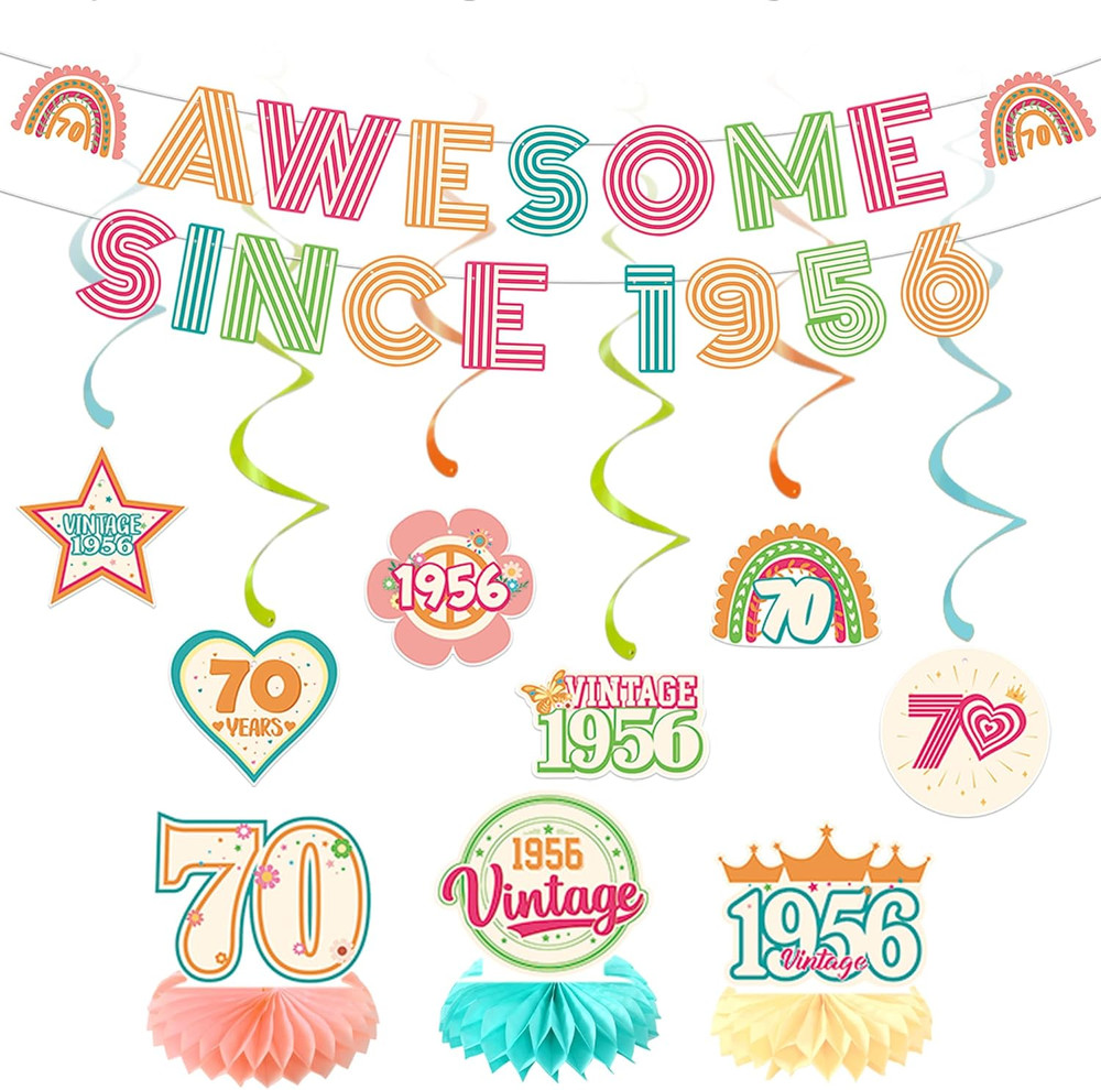 70Th Birthday Decorations Women Men, Awesome since 1956 Banner Centerpieces Hang