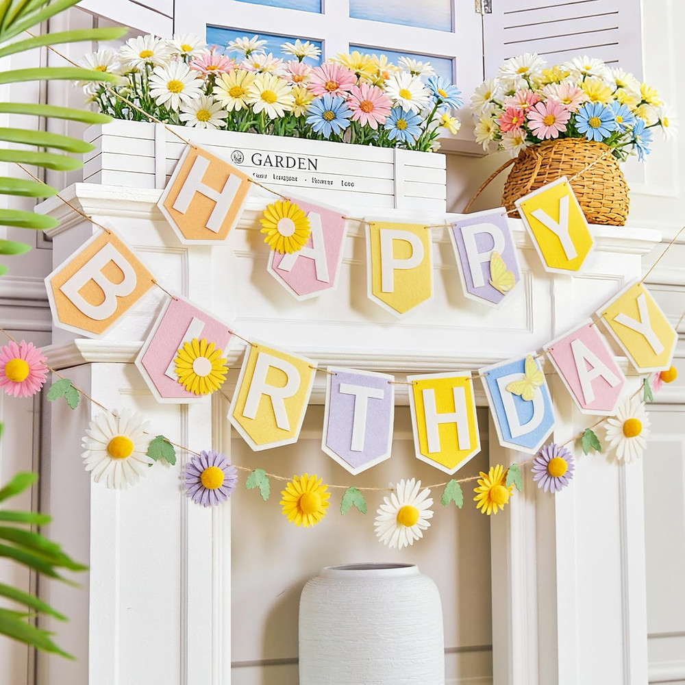 Pre-Strung 8.2FT Felt Happy Birthday Banner, 3PC Pastel Daisy Birthday Garland R
