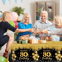 80th Birthday Tablecloth, 3Pcs Black Gold 80th Birthday Decorations Table Cloth