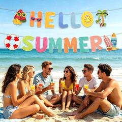 Hello Summer Banner, Colorful Summer Party Decorations with Sun Sunglasses Swimm