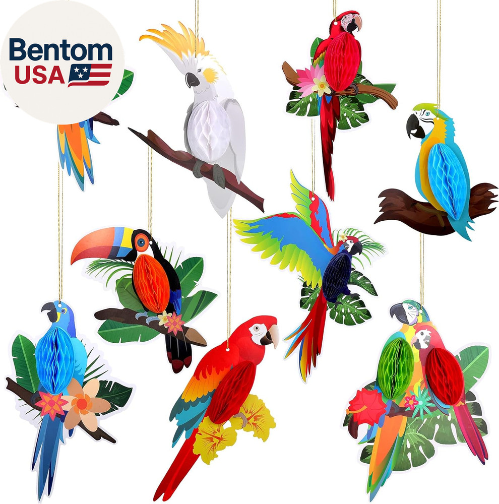 9 Pieces Tropical Birds Honeycomb Paper Cutouts Rio Luau Party Hanging Decoratio