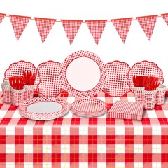 Disposable Gingham Party Supplies, 25 Pcs Plates Cups Spoons, Red