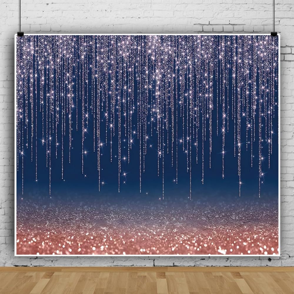 Navy Blue Glitter Backdrop 12x10ft Rose Gold and Blue Background for Photography