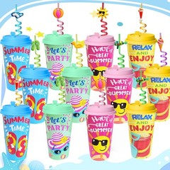 Summer Pool Party Cups Set 24 Reusable Plastic Cups With Lids Straws