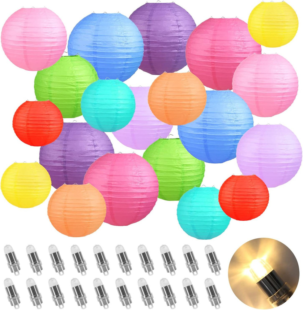 20PCS Colorful Paper Lanterns with Lights, Multicolor (Size 6» 8» 10» 12») C