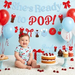 Cherry and Bow Baby Shower Decorations,She’s Ready to Pop Banner Red and Blue…